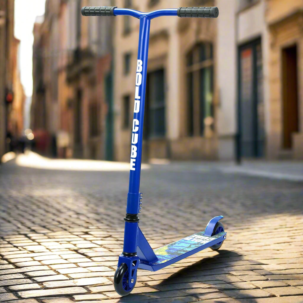 Blue scooter with visible branding on a city street