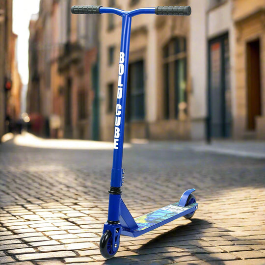 Blue scooter with visible branding on a city street