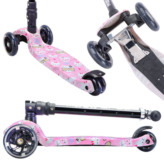 Pink scooter with cartoon design on a white background