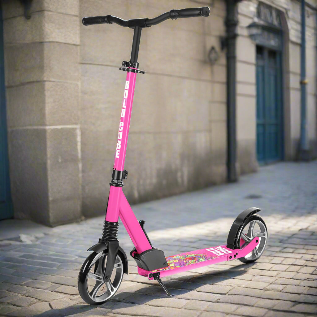 Bright pink scooter with 'Bold Cube' written down the vertical bar and a colourful design on the tread of the scooter