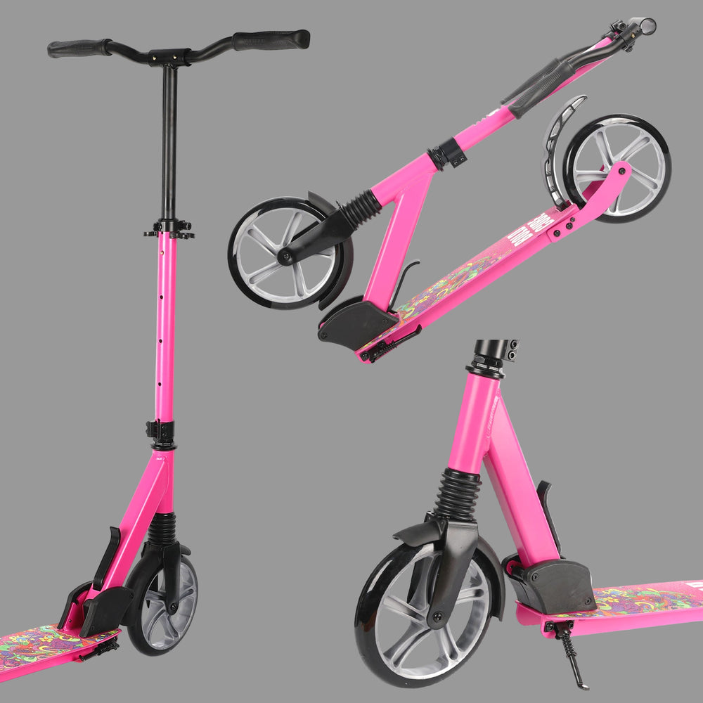 Close up showing various details of the scooter including how it folds down into a portable size