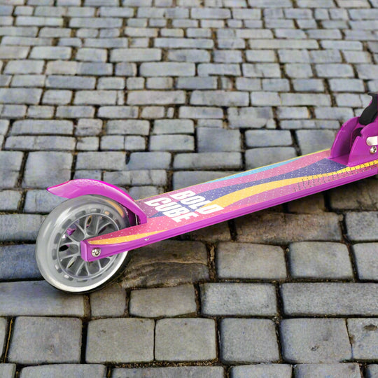 Close up of rear wheel which is transparent and also the tread of the scooter which has a rainbow designa nd 'Bold Cube' written on it