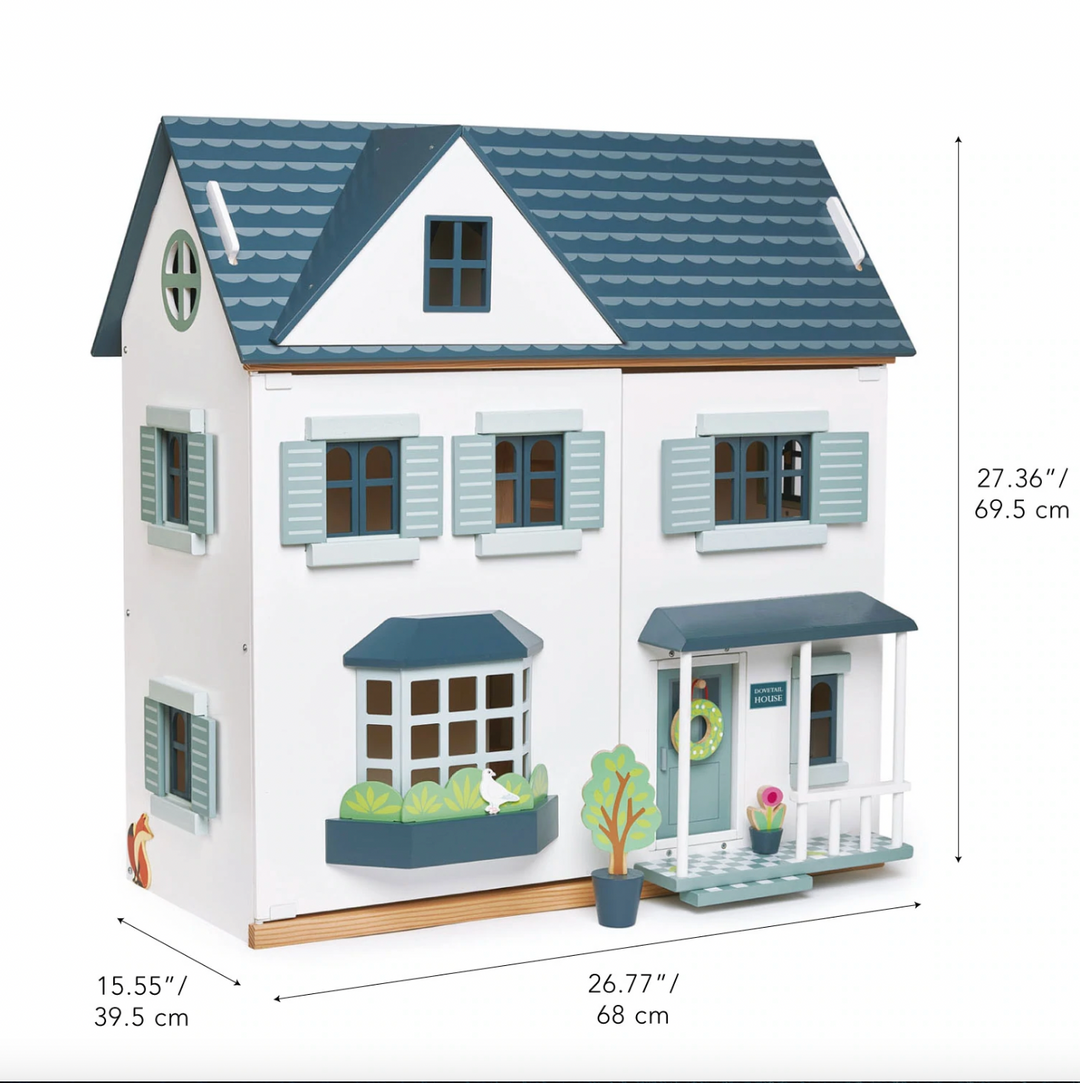 Wooden dollhouse with blue roof and white walls, featuring dimensions on a white background.