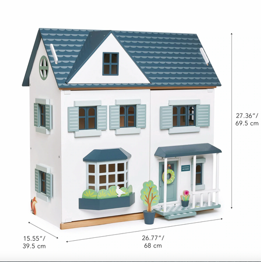 Wooden dollhouse with blue roof and white walls, featuring dimensions on a white background.