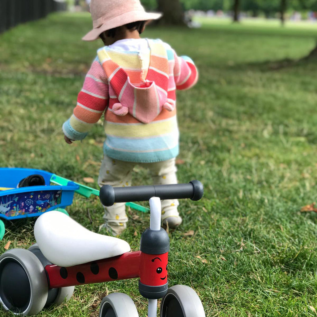 Child in a colourful jacket and hat standing on grass with a red ladybird balance bike