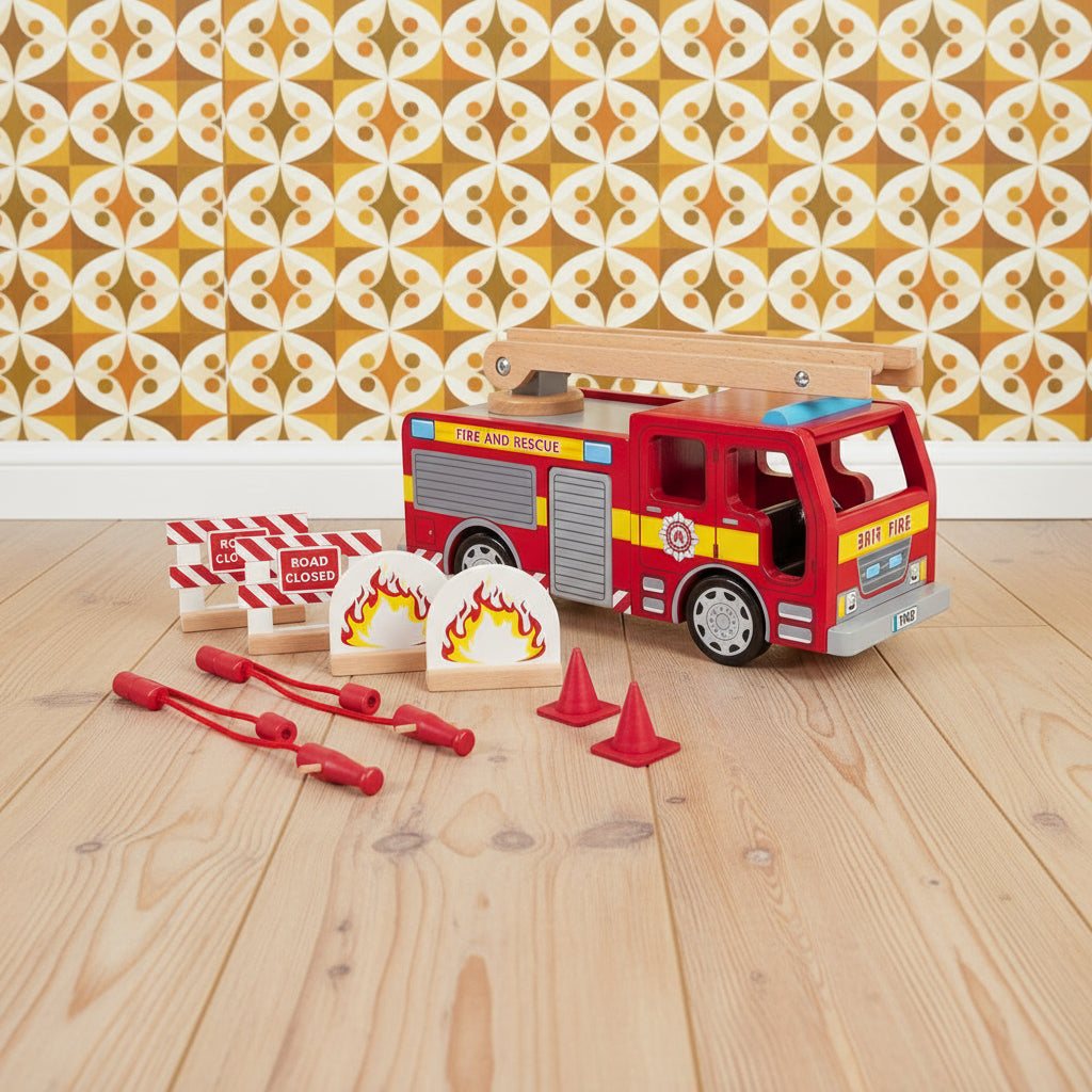 A wooden fire engine toy with extendable ladder, two fire hoses, nozzles, two traffic cones, two barricades, and two fires playset.
