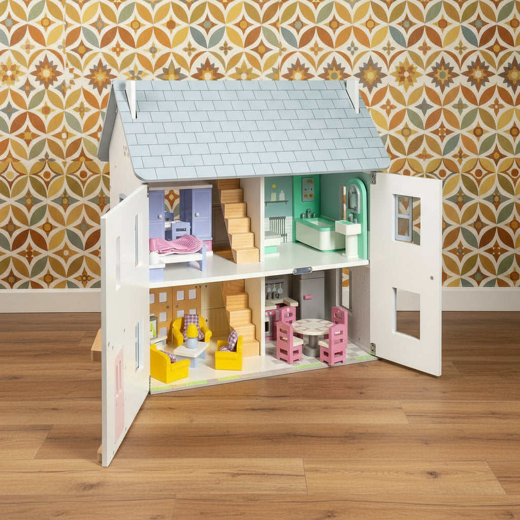 Dollhouse with open doors showing interior rooms and furniture on a gray background
