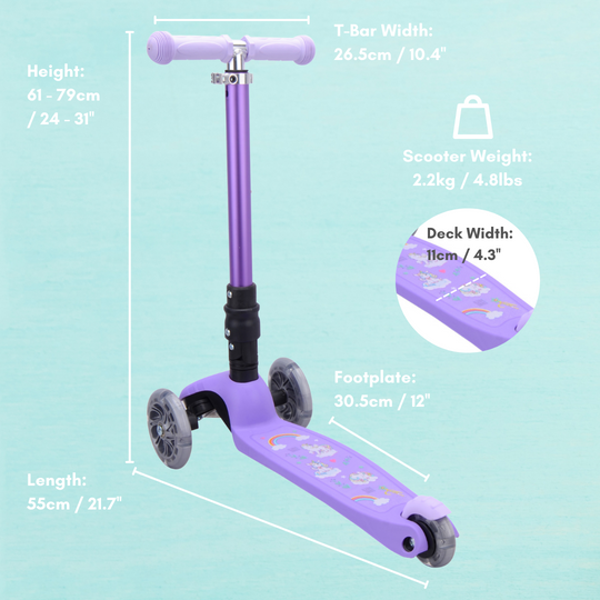 Purple scooter with measurements on a light blue background