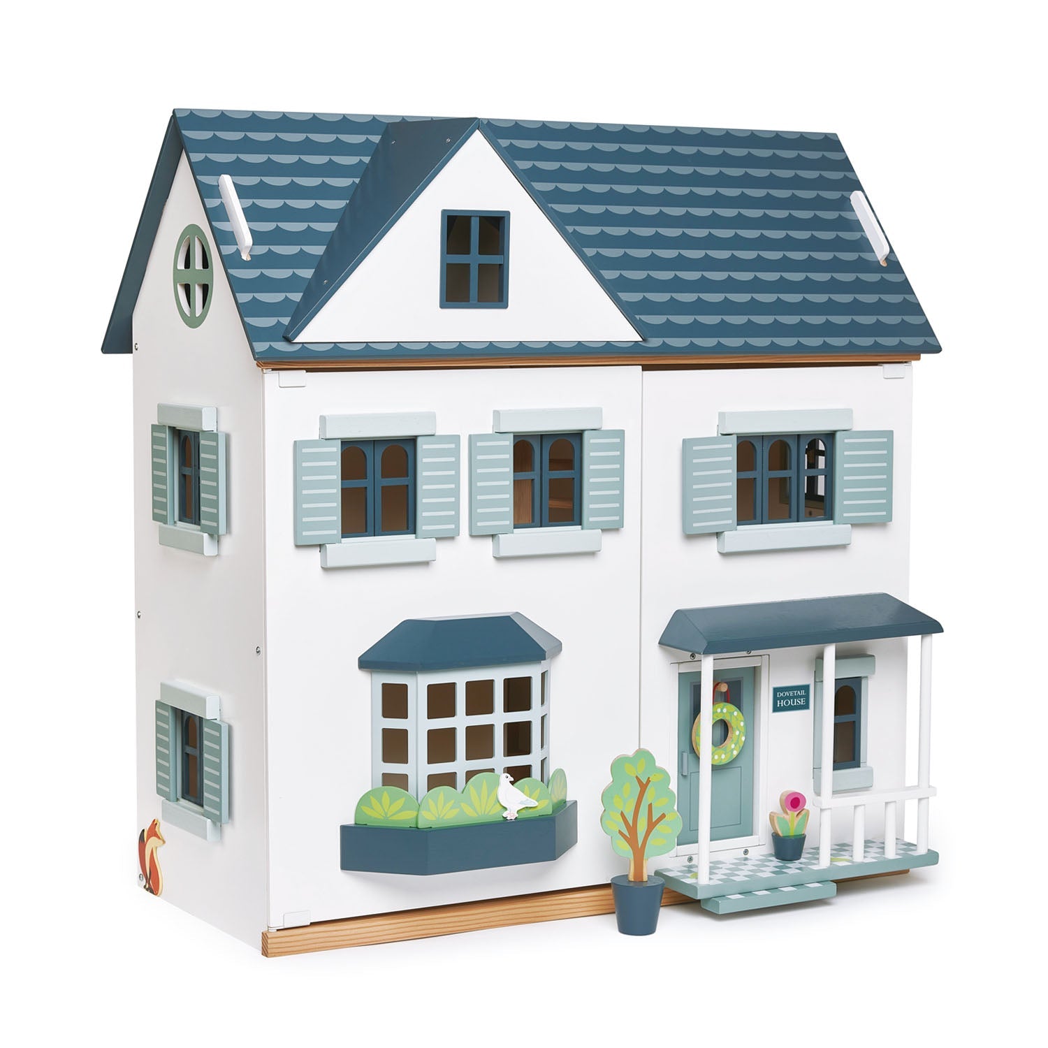 Toy dollhouse with blue and white exterior on a white background