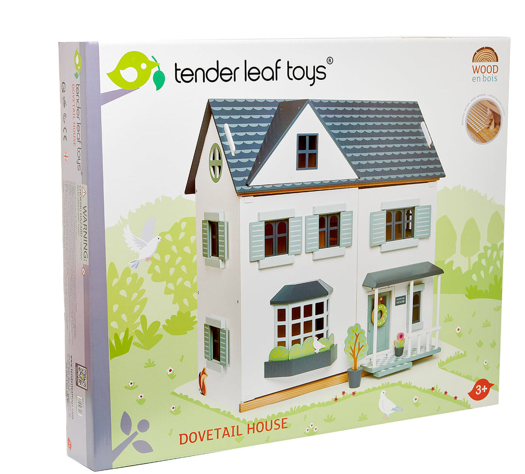 Tender Leaf Toys Dovetail House packaging with a toy house illustration on a white background.