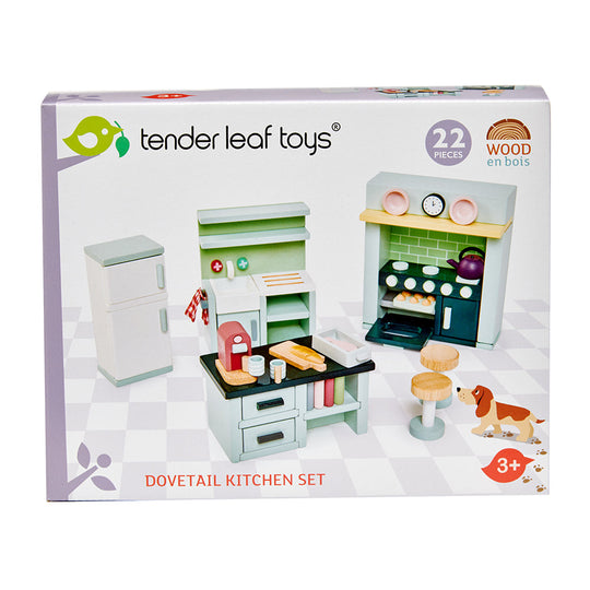 Tender Leaf Toys Dovetail Kitchen Set packaging with toy kitchen set illustration on a white background
