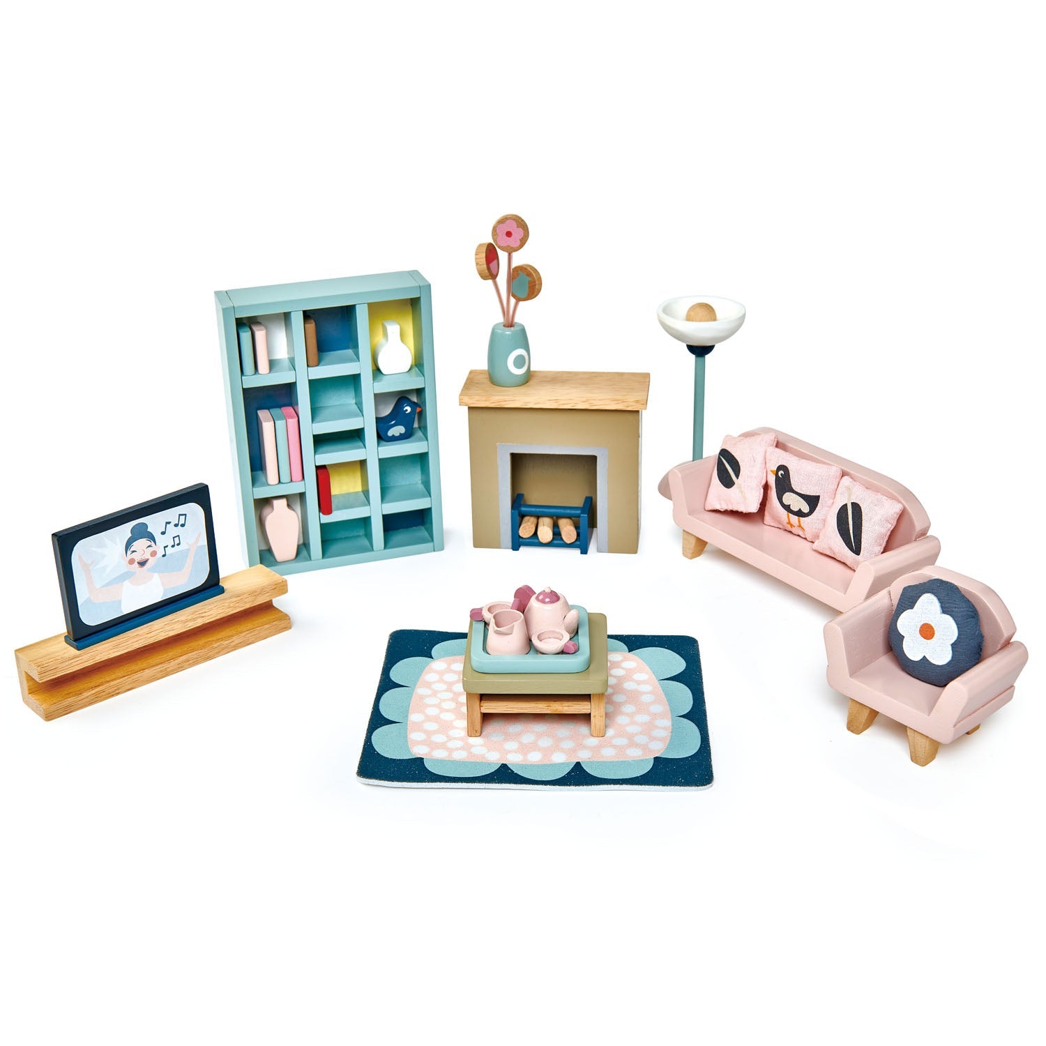 Set of toy furniture including a sofa, bookshelf, and table on a white background