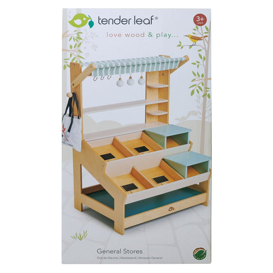 Tender Leaf toy store with shelves and a canopy on a white background