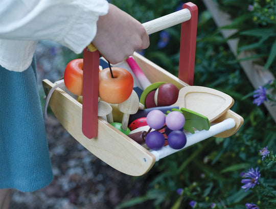 Child's hand holding a wooden toy basket with colourful fruits and vegetables outdoors.
