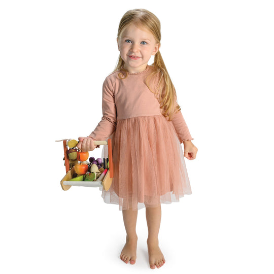 Young girl in a pink dress holding a toy gardening trug on a white background