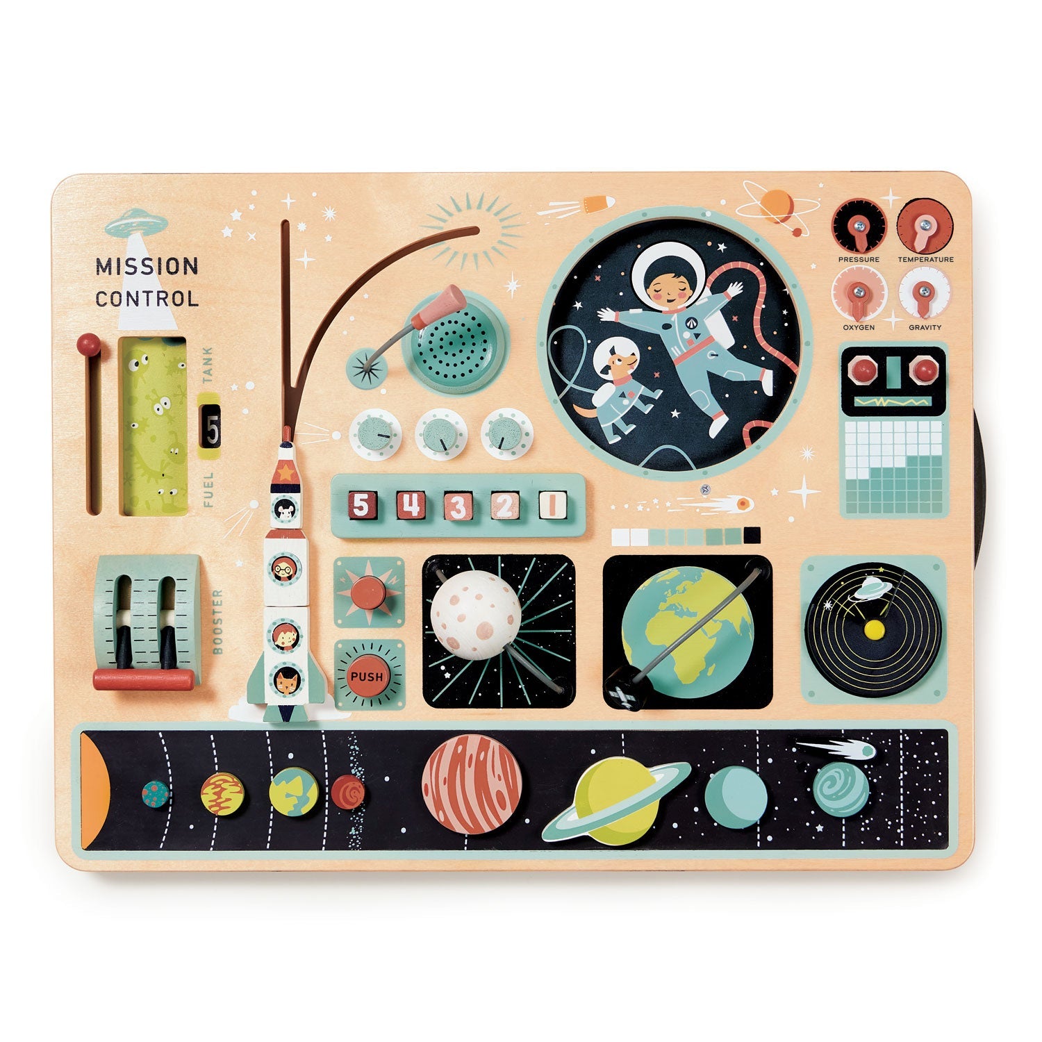 Children's educational toy with space-themed buttons and graphics on a beige background