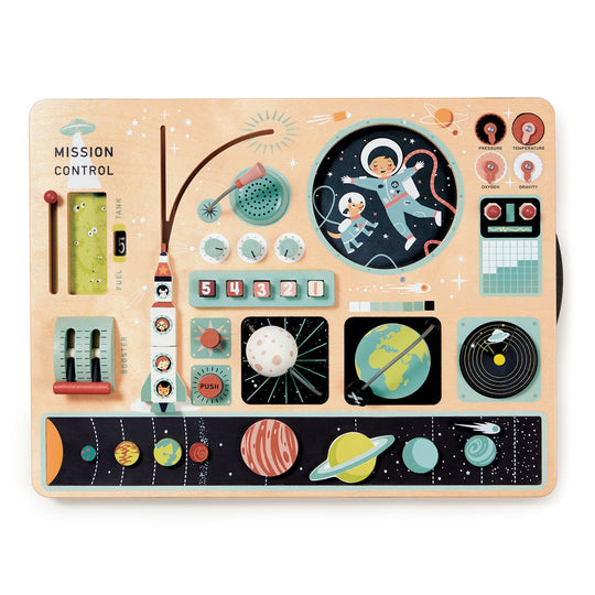 Children's educational toy with space-themed buttons and graphics on a beige background