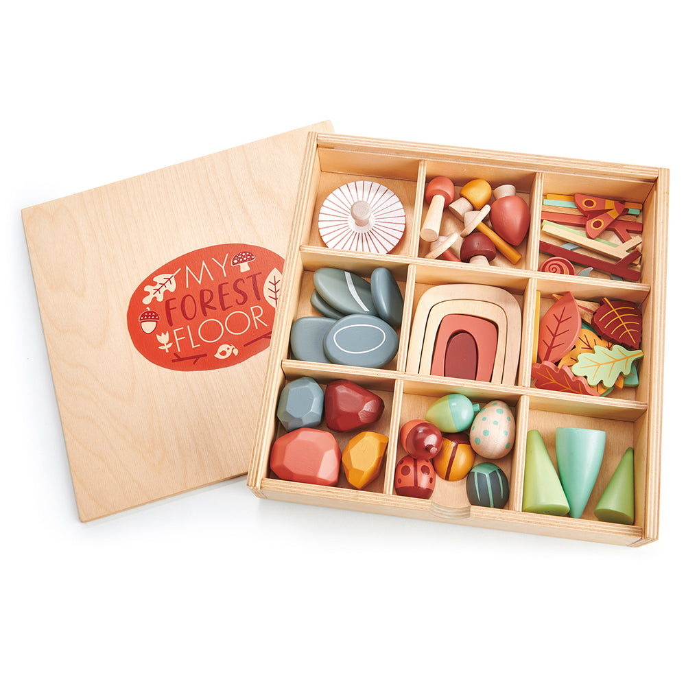 Wooden toy set with colourful pieces in a box labeled 'My Forest Floor' on a white background.