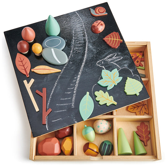 Wooden toy set with colourful shapes and a blackboard design on a white background