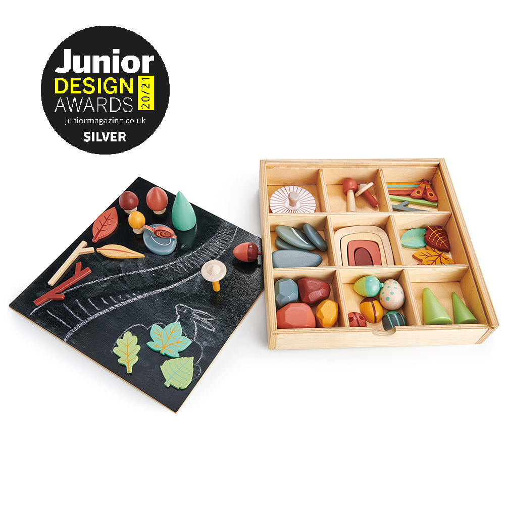 Wooden toy set with colourful pieces in a box, alongside a chalkboard with drawings, on a white background.