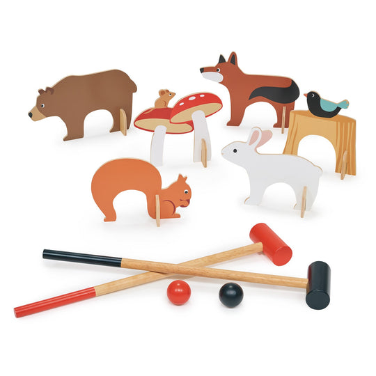 Wooden animal toys with mallets and balls on a white background