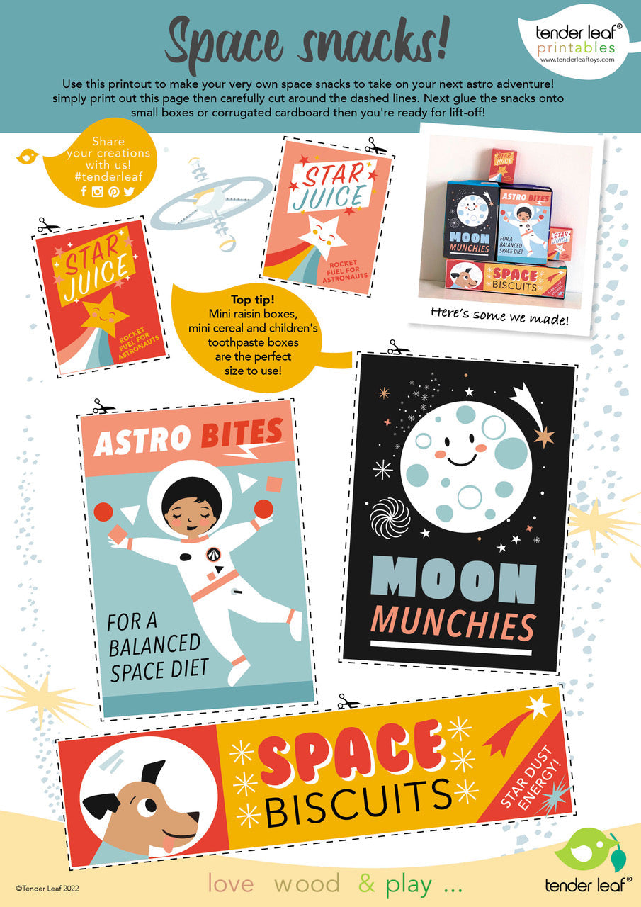 Space-themed snack packaging with labels like 'Star Juice', 'Astro Bites', 'Moon Munchies', and 'Space Biscuits' on a white background.
