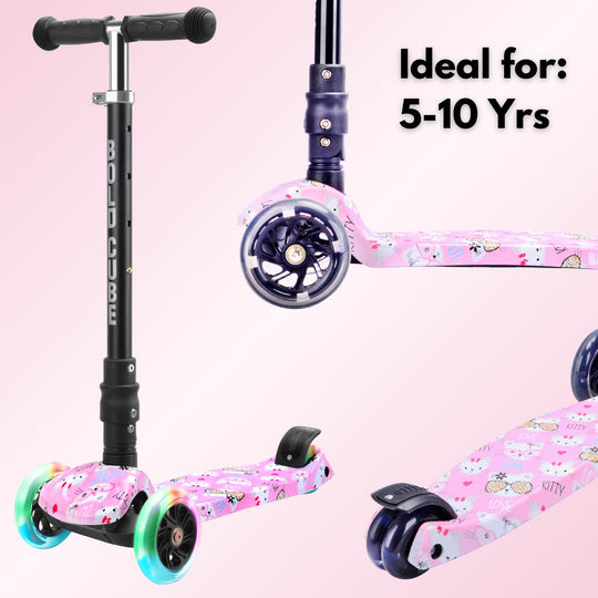 Pink scooter with colourful wheels on a pink background, ideal for ages 5-10.
