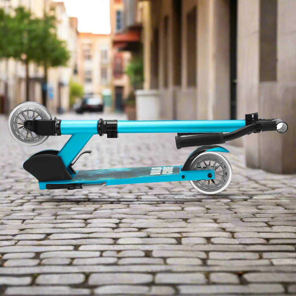 Blue scooter folded into a compact shape on a city street