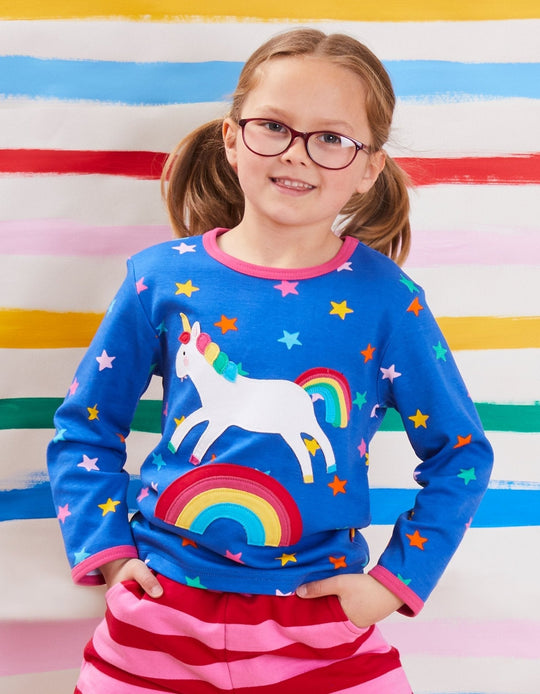 Organic Rainbow Unicorn Applique Long-Sleeved T-Shirt