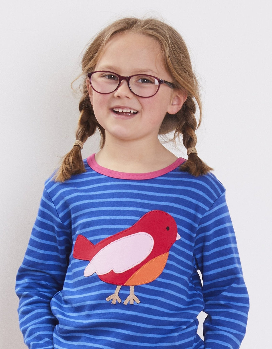 Organic Red Bird Applique Long-Sleeved T-Shirt