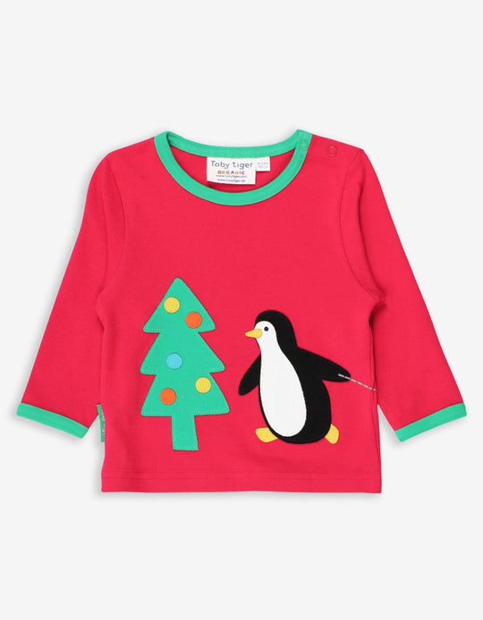 Organic Penguins' Christmas Applique Long-Sleeved T-Shirt