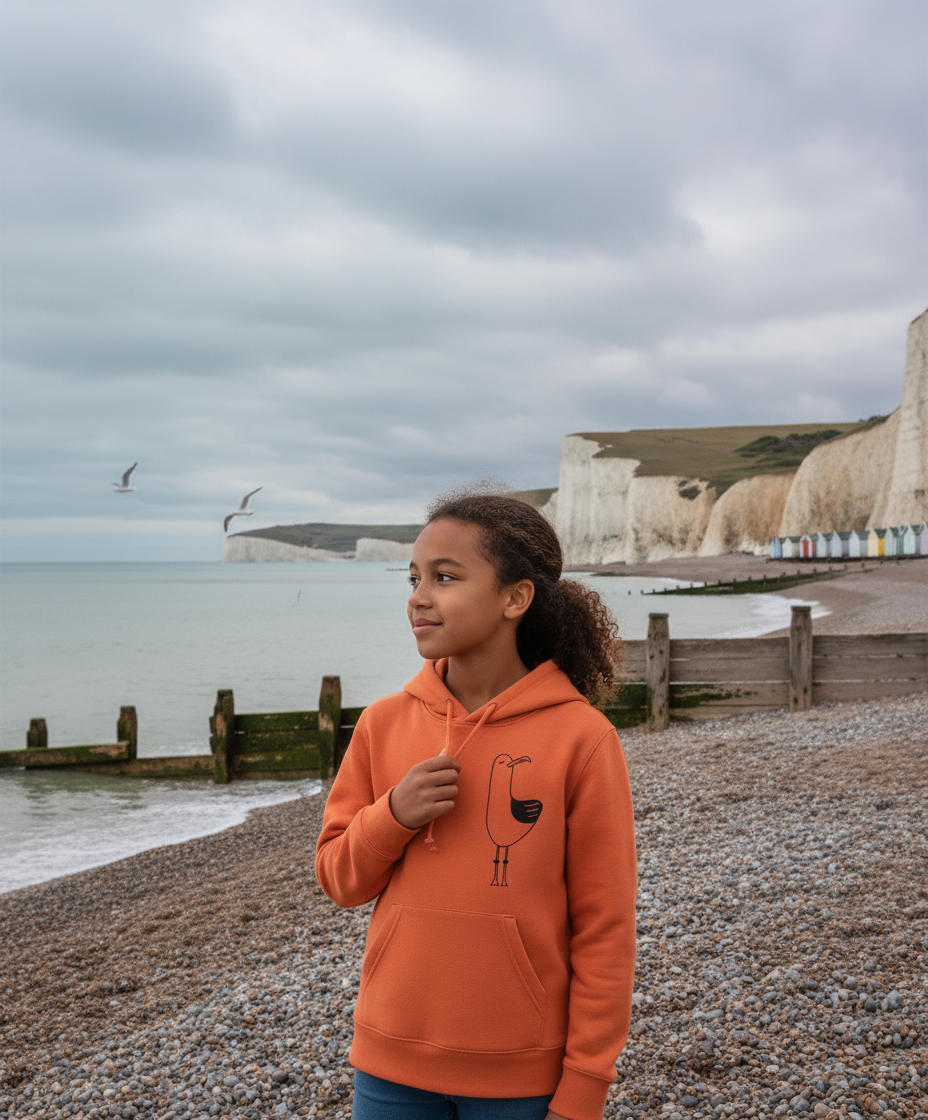 Person wearing an orange hoodie with a scenic background of cliffs and sea.
