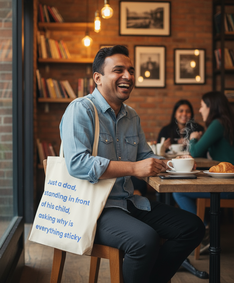 Man sitting at a table in a cafe with a tote bag, smiling.
