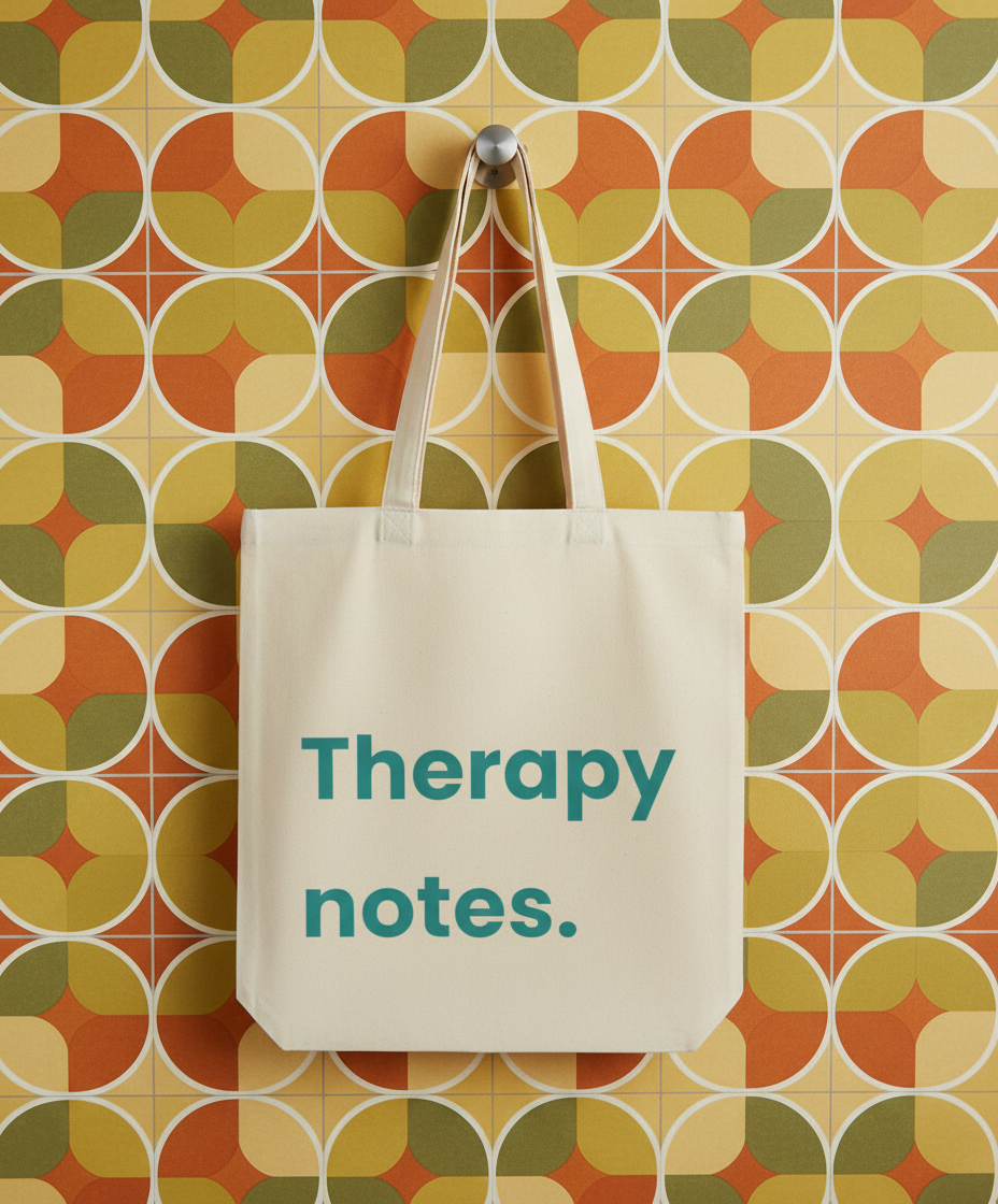 Beige tote bag with 'Therapy notes.' text on a colorful geometric-patterned wall.