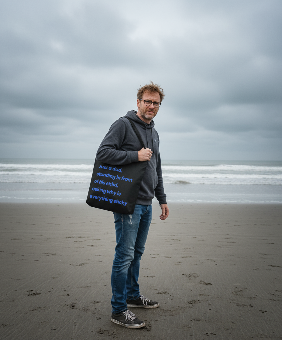Man holding a black bag with text on a beach