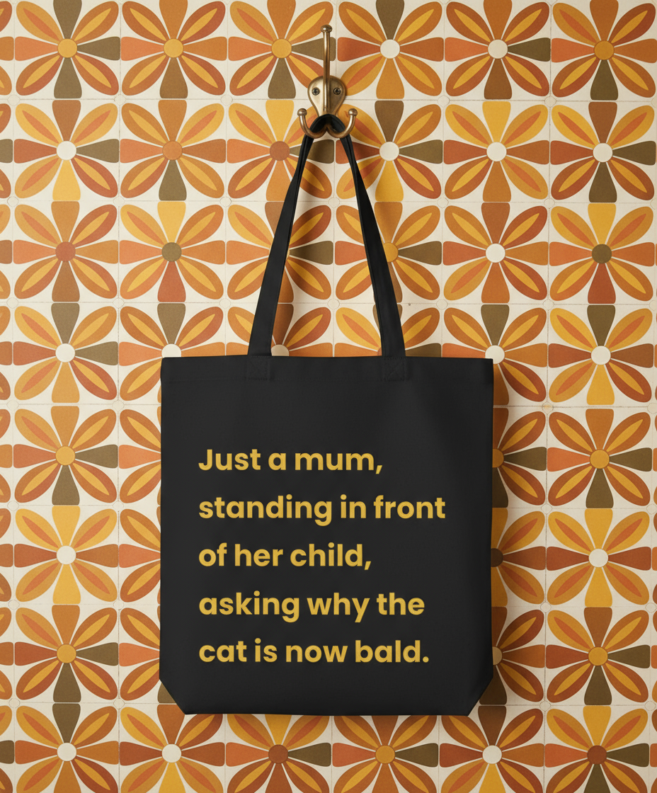 Black tote bag with yellow text on a floral patterned wall