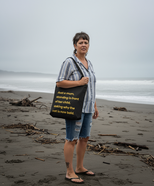 Woman holding a tote bag with text on a beach
