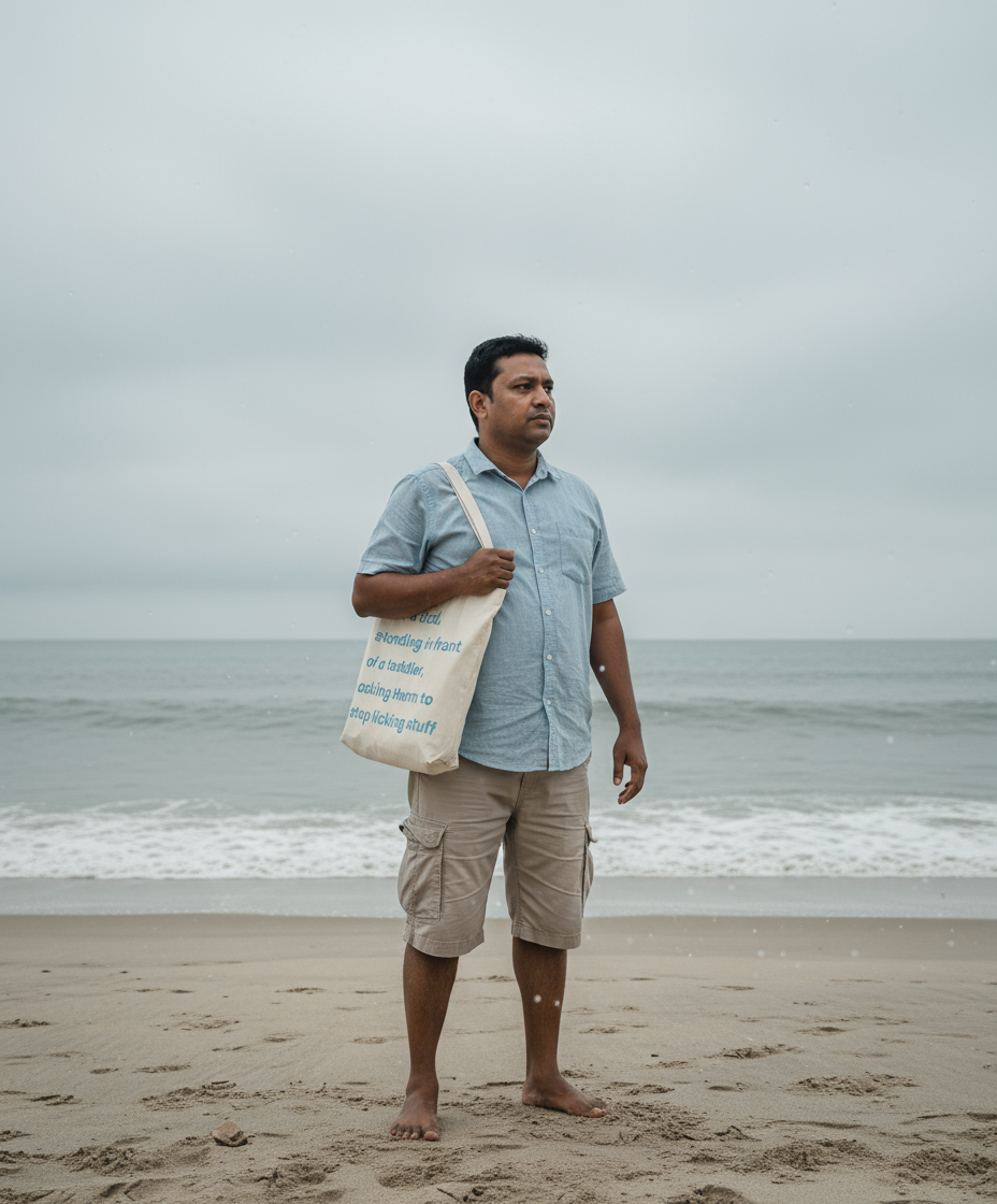 Man standing on a beach holding a tote bag with text.