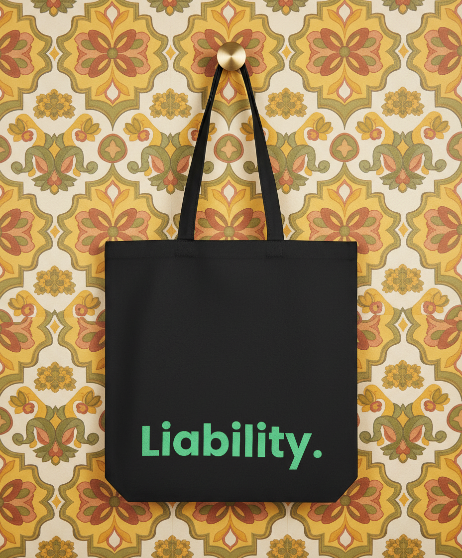 Black tote bag with 'Liability' text on a patterned wall