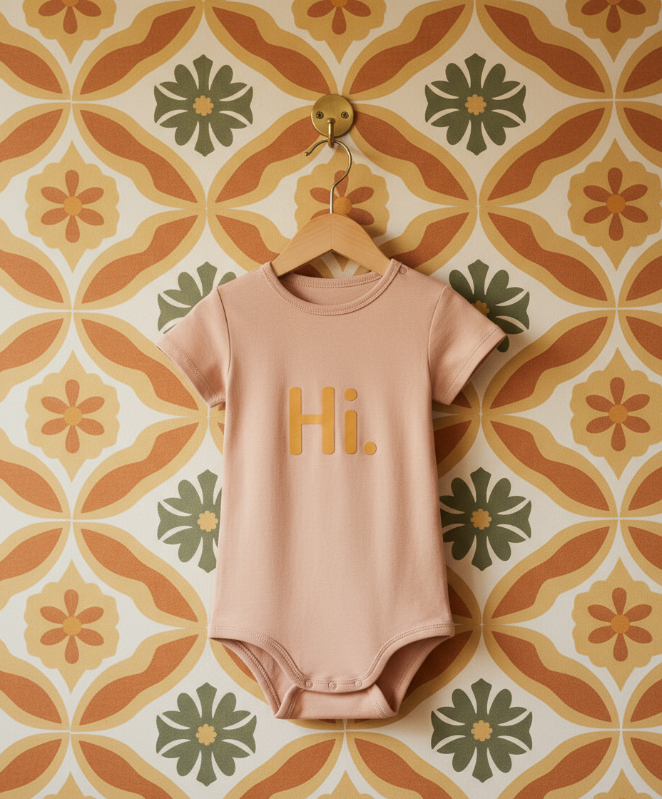 Pink baby onesie with 'Hi.' text on a hanger against a patterned wall.