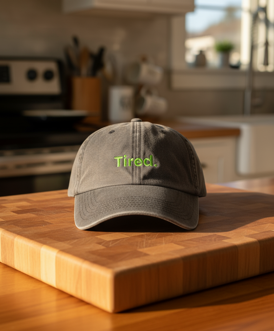 Gray cap with 'Tired' in green on a wooden cutting board in a kitchen.