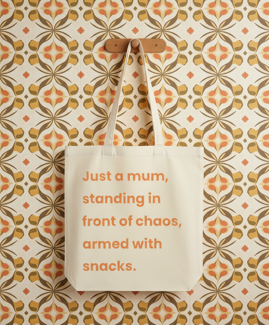 Organic Super Strong Tote - Just A Mum, Standing In Front Of Chaos, Armed With Snacks