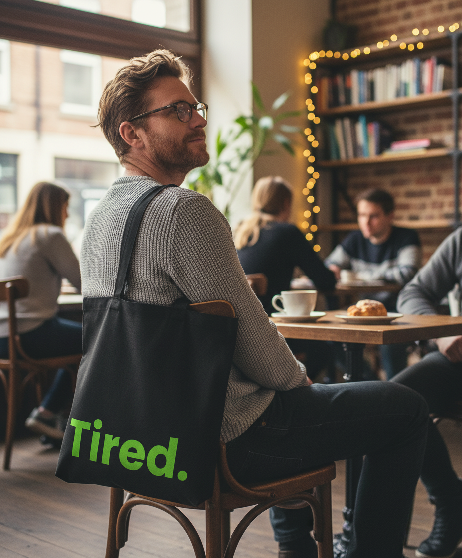 Man sitting in a cafe with a tote bag labeled 'Tired' on a wooden chair.