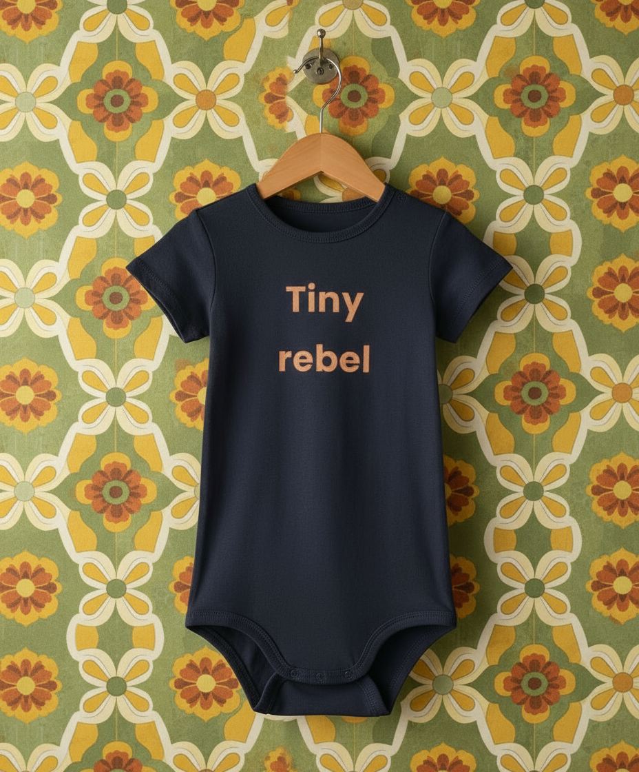 Navy baby onesie with 'Tiny rebel' text on a floral patterned background