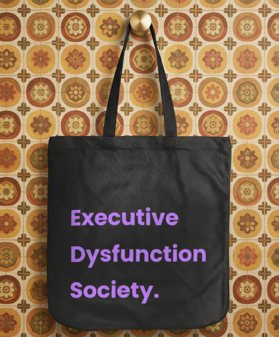 Black tote bag with 'Executive Dysfunction Society' text on a patterned background