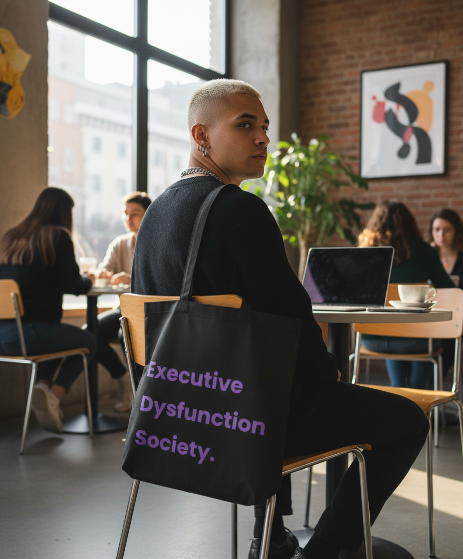 Person sitting in a cafe with a tote bag labeled 'Executive Dysfunction Society'.