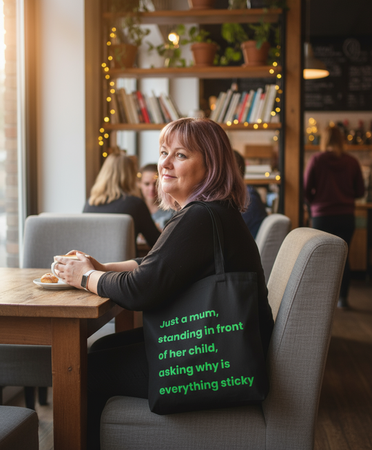 Woman sitting in a cafe with a black tote bag featuring green text.
