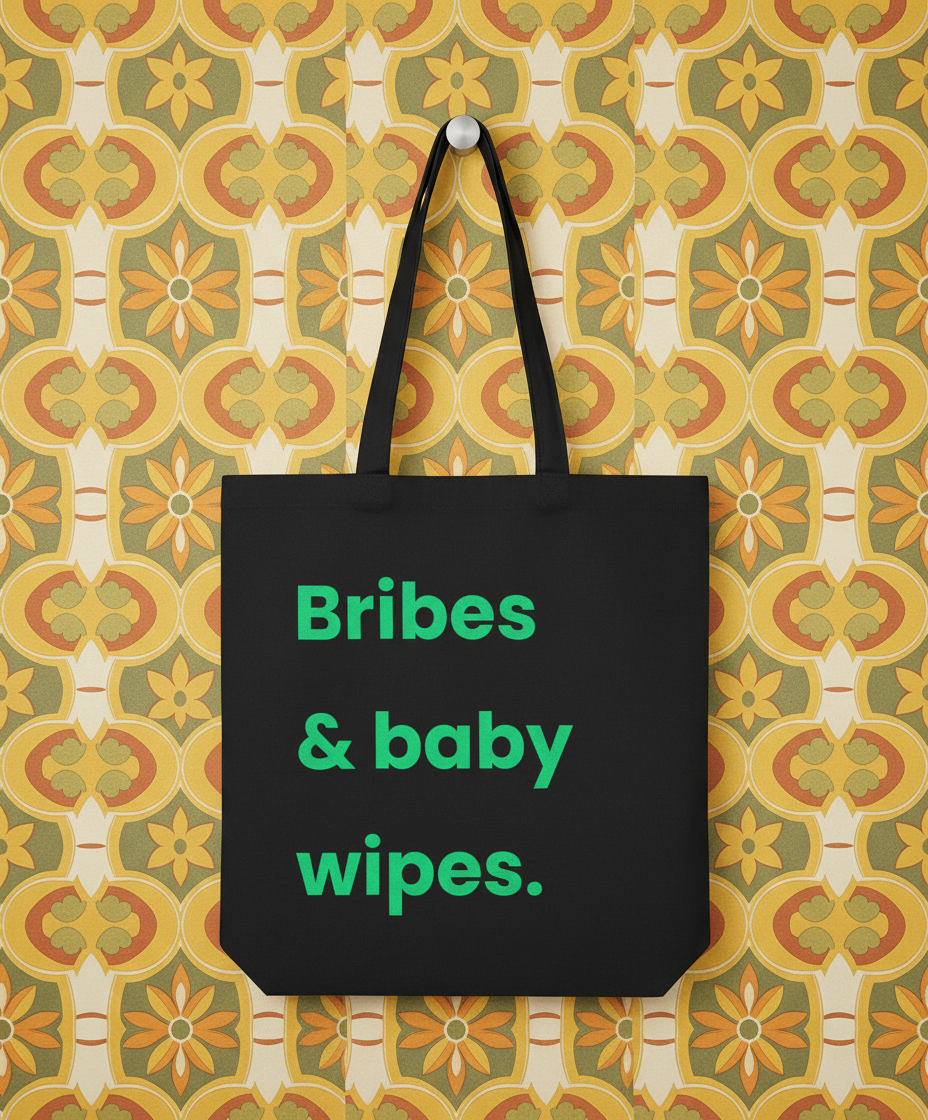 Black tote bag with green text 'Bribes & baby wipes.' on a patterned background