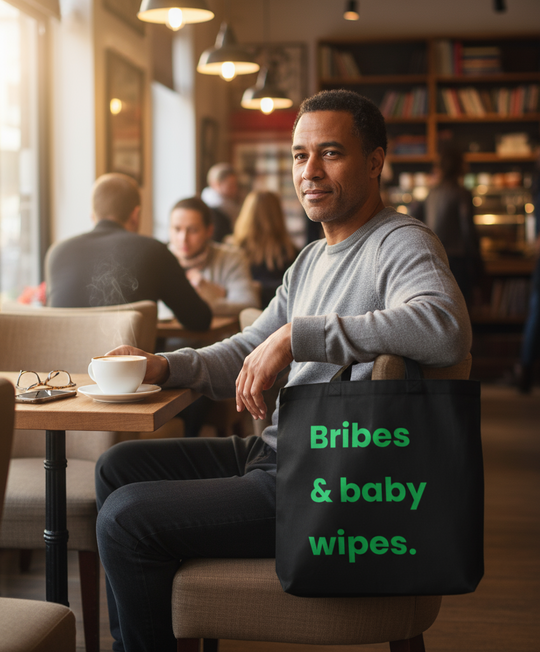 Man sitting in a cafe with a tote bag labeled 'Bribes & baby wipes'.