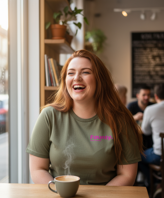 Woman laughing in a cafe with a steaming cup of coffee